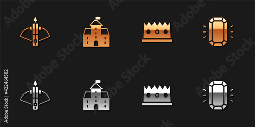 Set Battle crossbow with arrow, Castle, fortress, King crown and Diamond icon. Vector