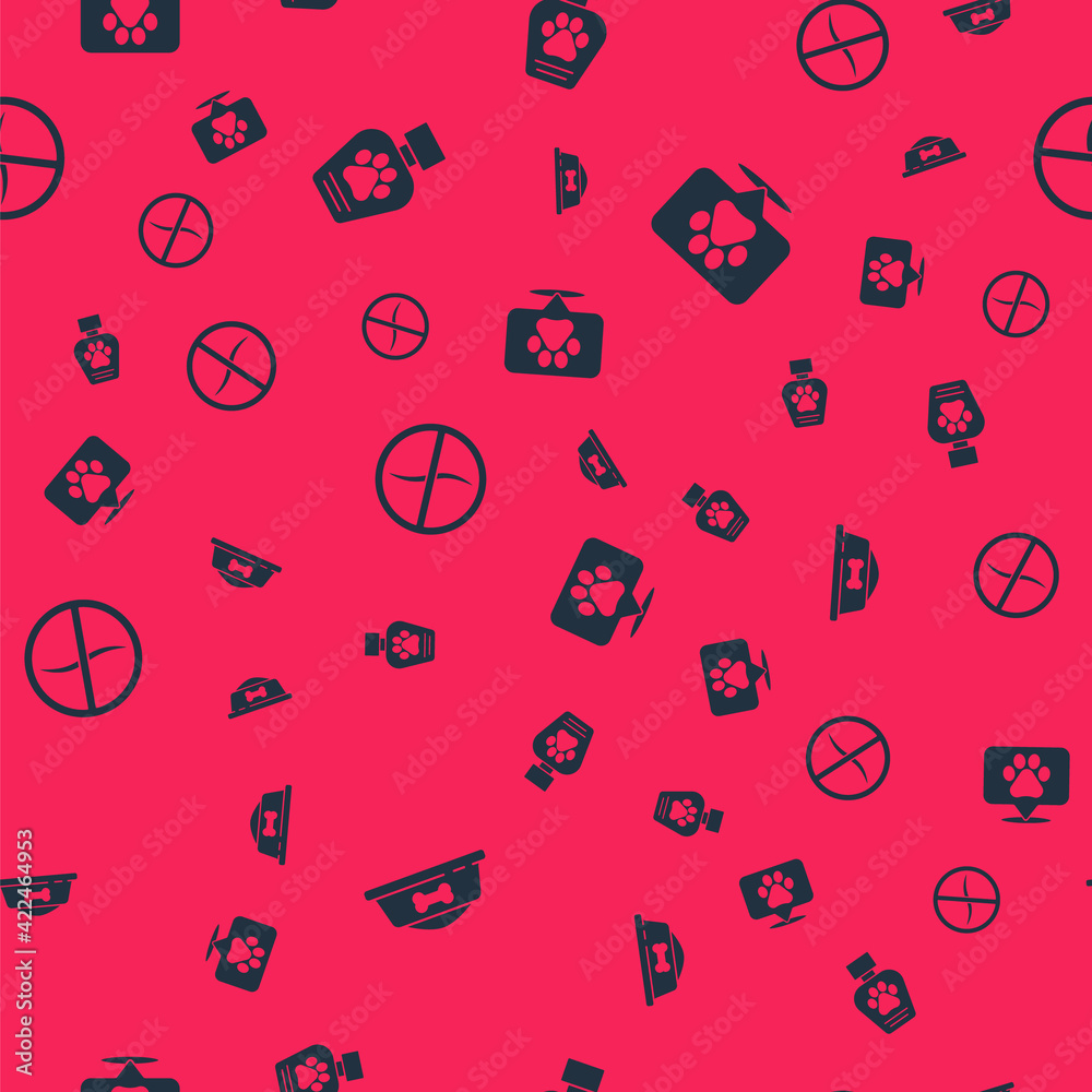 Set Pet food bowl, shampoo, Anti worms parasite and Location veterinary on seamless pattern. Vector Set Pet food bowl, shampoo, Anti worms parasite and Location veterinary on seamless pattern. Vector