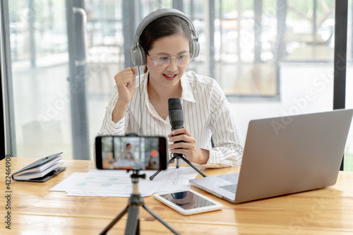 Podcast radio host recoding live broadcasting stream entertainment.