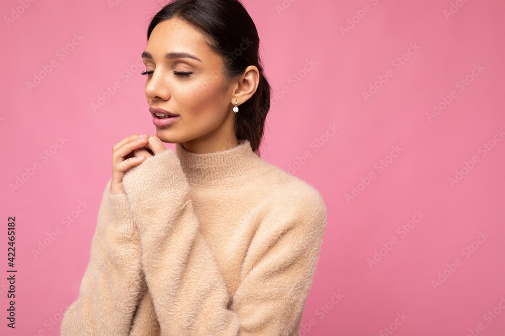 Photo of nice attractive lovely cute winsome sad upset sorrowful brown-haired woman wearing casual outfit isolated on colorful background with empty space