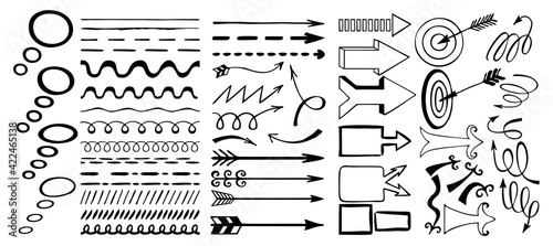 Hand drawn vector doodle design elements. Hand drawn arrows, frames, borders, icons and symbols. Sketch style infographics elements.