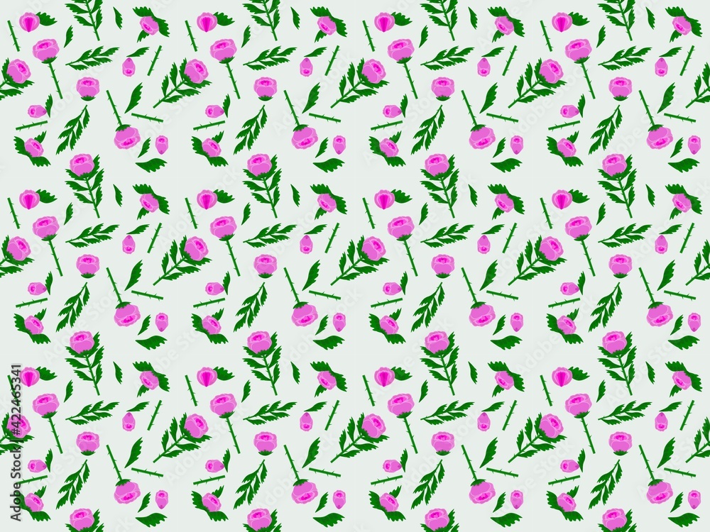 Repeating pattern of pink roses, branches, leaves on a light background for printing on textiles and paper Repeating pattern of pink roses, branches, leaves on a light background for printing on textiles and paper