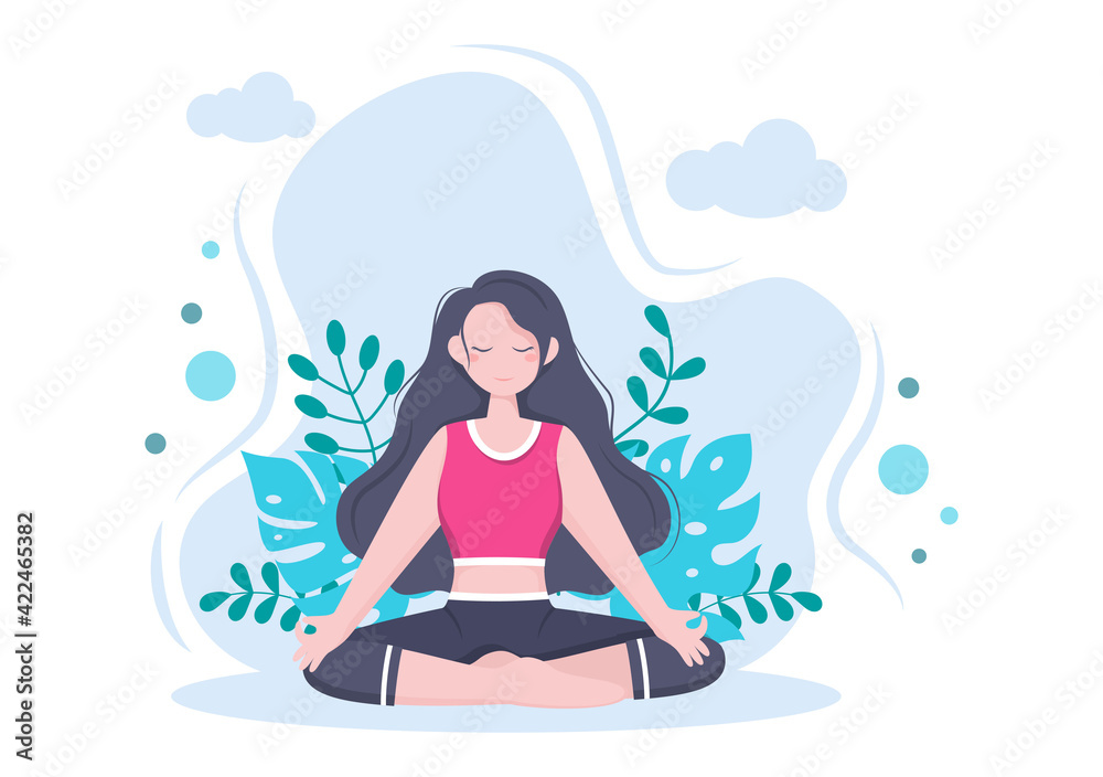 Yoga or Meditation Practices Aim for Health Benefits of the Body to Control Thoughts, Emotions, Inception and Searching for Ideas. Flat Design Vector Illustration