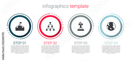 Set Mountains with flag, Hierarchy organogram chart, Stage stand tribune and Earth globe. Business infographic template. Vector