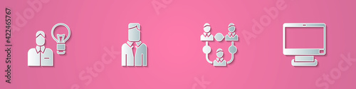 Set paper cut Human with lamp bulb, Worker, Project team base and Computer monitor icon. Paper art style. Vector