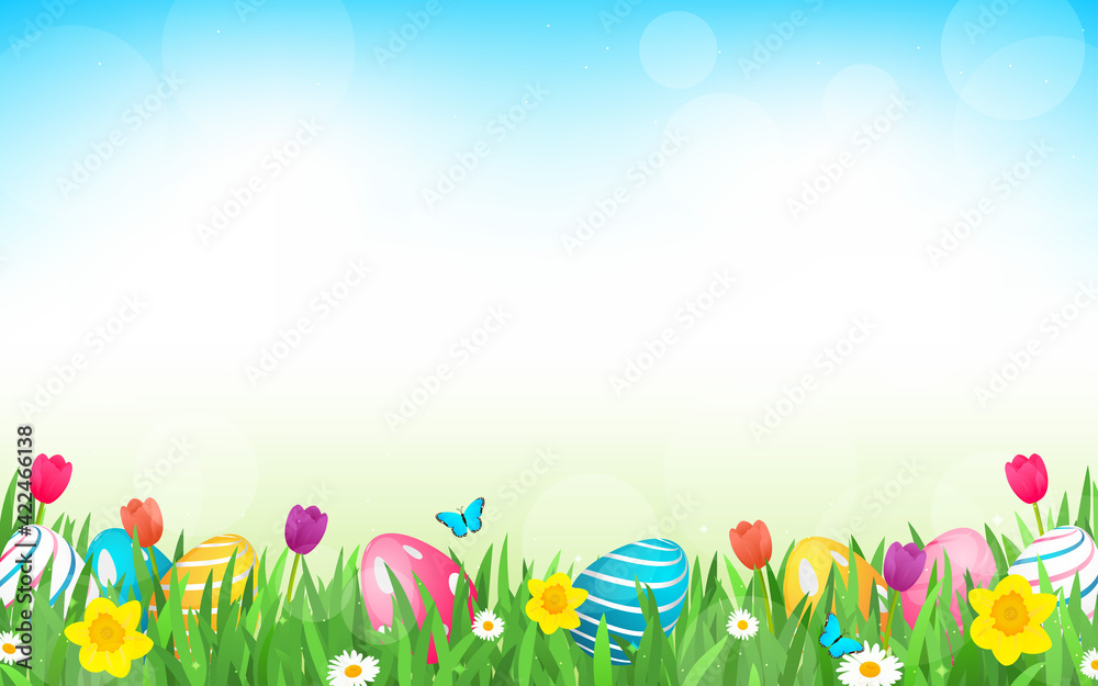 Beautiful Easter Background vector illustration. Easter Eggs, Tulips, Daisy and Daffodil flowers on spring meadows background with copy space