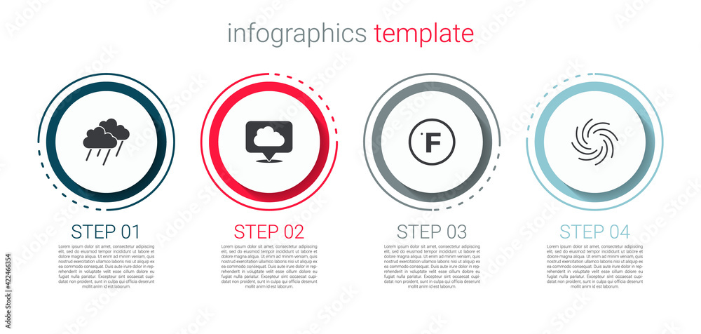 Set Cloud with rain, Location cloud, Fahrenheit and Tornado. Business infographic template. Vector Set Cloud with rain, Location cloud, Fahrenheit and Tornado. Business infographic template. Vector