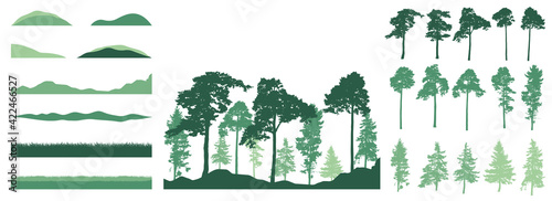 Set of design elements of trees, grass, hill. Creation of forest. Beautiful silhouettes of pine, spruce. Constructor set. Vector illustration.