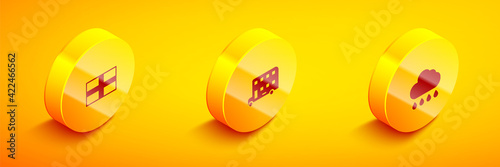 Set Isometric Flag of England, Double decker bus and Cloud with rain icon. Vector