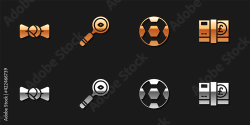 Set Bow tie, Magnifying glass, Football ball and Pound sterling money icon. Vector