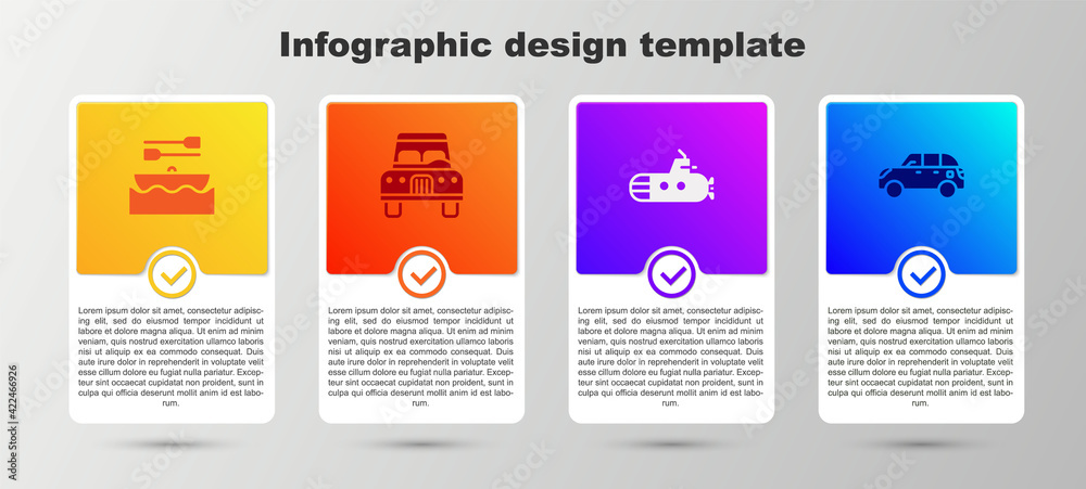 Set Boat with oars, Car, Submarine and Hatchback car. Business infographic template. Vector Set Boat with oars, Car, Submarine and Hatchback car. Business infographic template. Vector