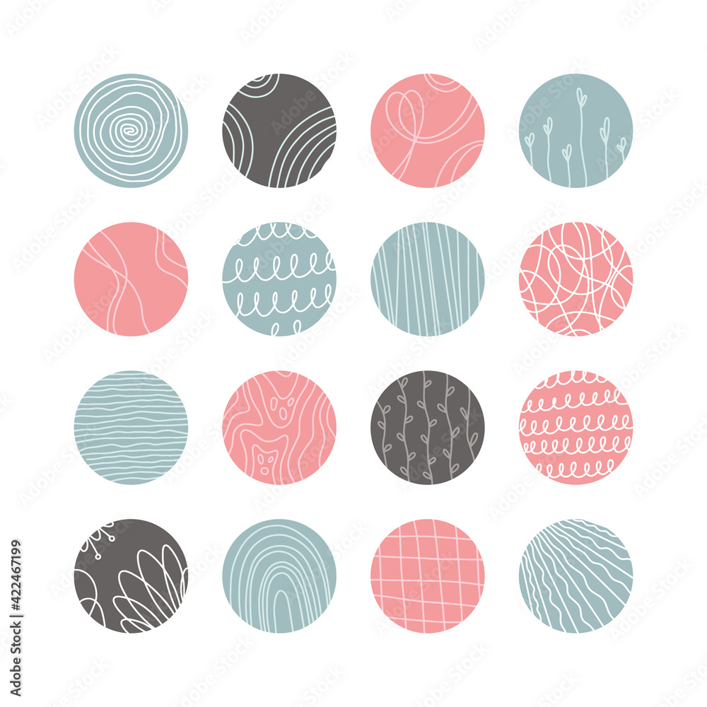 Collection of creative abstract geometric social media highlight covers.Design stories round icon collection.Spots, waves, stripes, spirals, dots, lines, checks and other patterns.Vector illustration Collection of creative abstract geometric social media highlight covers.Design stories round icon collection.Spots, waves, stripes, spirals, dots, lines, checks and other patterns.Vector illustration