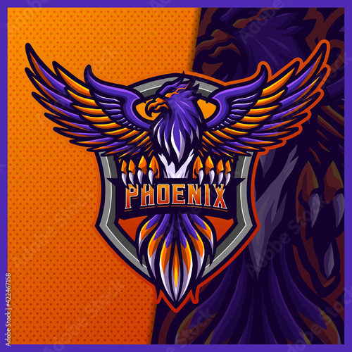 Phoenix eagle falcon hawk mascot esport logo design illustrations vector template, Live Bird logo for team game streamer youtuber banner twitch discord