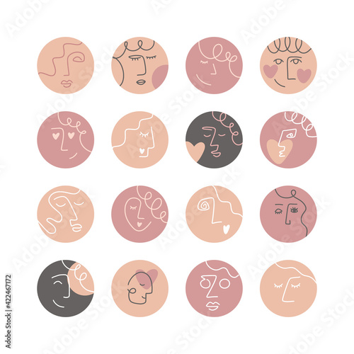 Collection of creative social media highlight covers, beauty, love, psychology theme. Design stories round icon collection. Abstract female and male faces, heads, hair, hearts. Vector illustration