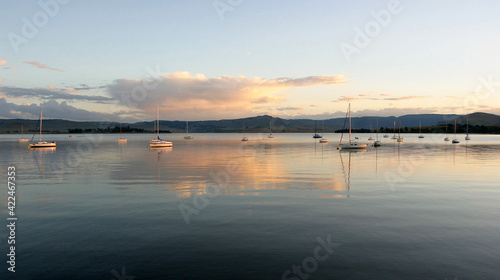 Yachts at anchor on a water reservoir
