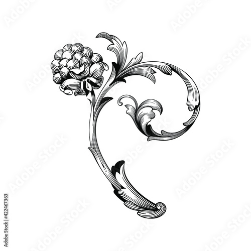 Vintage Ornament Element in baroque style with filigree and floral engrave the best situated for create frame, border, banner. It's hand drawn foliage swirl like victorian or damask design arabesque.