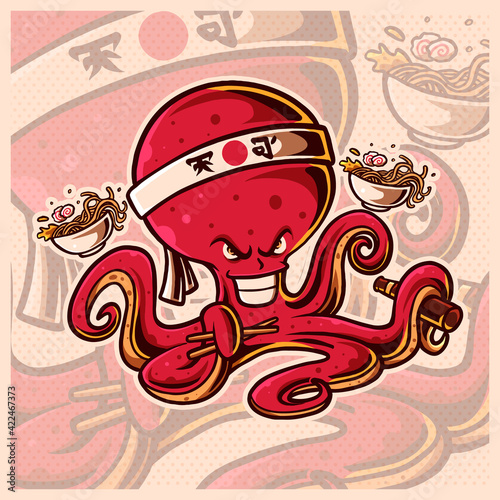 Japanese octopus chef hanging Ramen Noodle mascot esport logo design illustrations vector template, Cute Squid logo for team game streamer youtuber banner twitch discord. flat cartoon style