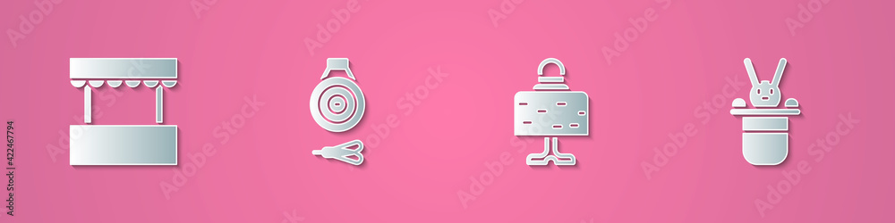 Set paper cut Ticket box office, Classic dart board and arrow, Magic ball on table and Magician hat rabbit icon. Paper art style. Vector Set paper cut Ticket box office, Classic dart board and arrow, Magic ball on table and Magician hat rabbit icon. Paper art style. Vector