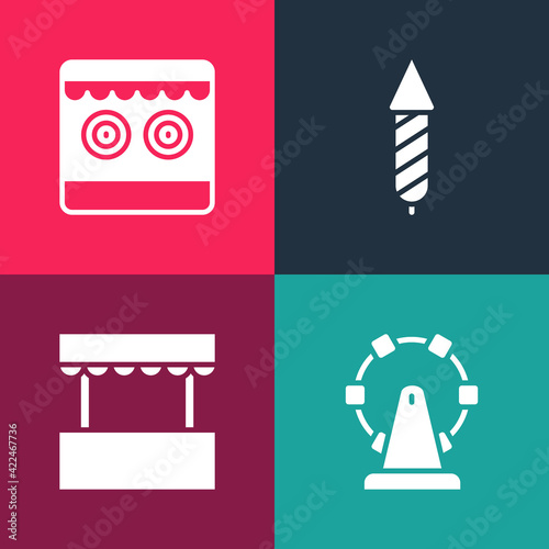 Set pop art Ferris wheel, Ticket box office, Firework rocket and Shooting gallery icon. Vector