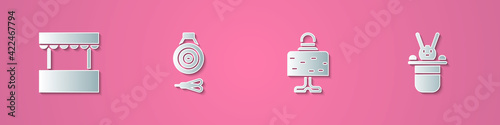 Set paper cut Ticket box office, Classic dart board and arrow, Magic ball on table and Magician hat rabbit icon. Paper art style. Vector