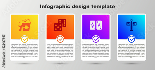 Set Popcorn in box and glass, Game dice, Tarot cards and Road traffic signpost. Business infographic template. Vector