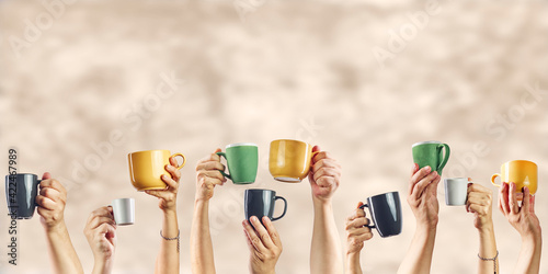 Mockup of woman's and man's hands holding different cups of coffee