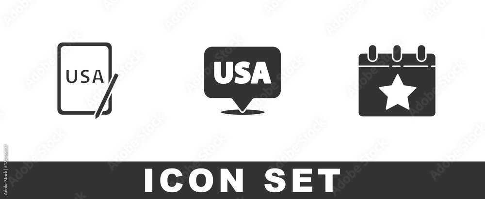 Set USA on graphic tablet, Independence day and Calendar with date July 4 icon. Vector Set USA on graphic tablet, Independence day and Calendar with date July 4 icon. Vector