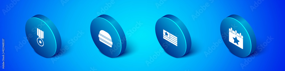 Set Isometric Medal with star, American flag, Calendar date July 4 and Burger icon. Vector Set Isometric Medal with star, American flag, Calendar date July 4 and Burger icon. Vector