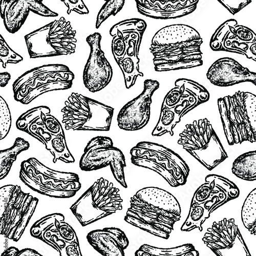 seamless pattern of fast food in drawing style