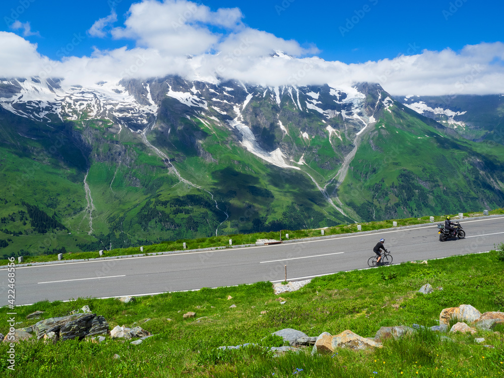 View of the countryside of Austria in the Alps on Road with bike and motor to Großglockner Grossglockner National Park.