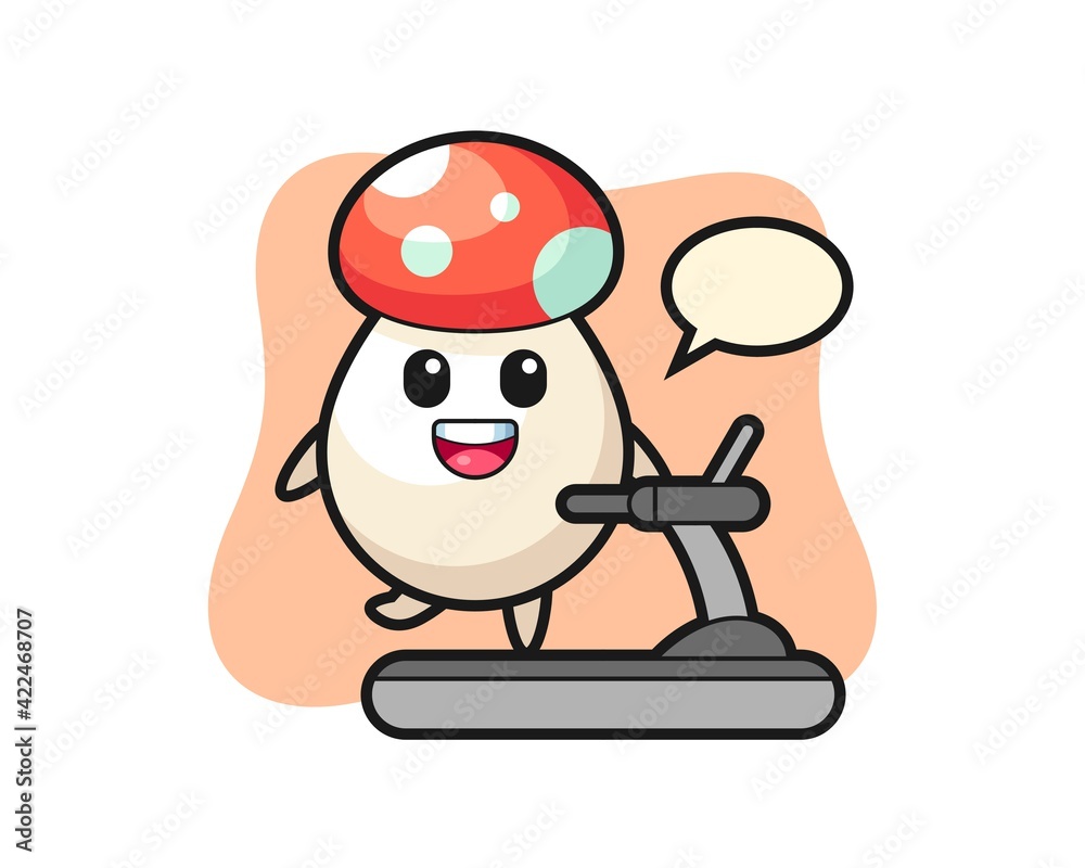 mushroom cartoon character walking on the treadmill