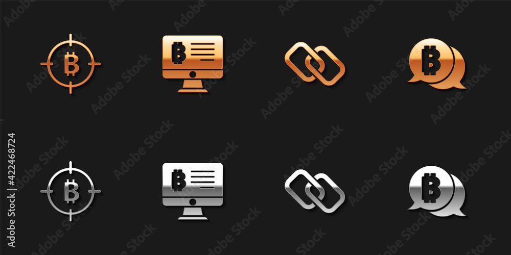 Set Bitcoin in the target, Mining bitcoin from monitor, Chain link and icon. Vector Set Bitcoin in the target, Mining bitcoin from monitor, Chain link and icon. Vector