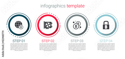 Set Globe Bitcoin, Video graphic card, and Lock with bitcoin. Business infographic template. Vector
