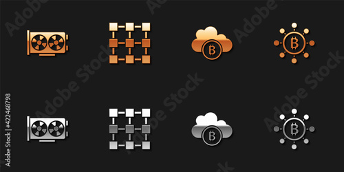 Set Video graphic card, Blockchain technology, Cryptocurrency cloud mining and Bitcoin icon. Vector