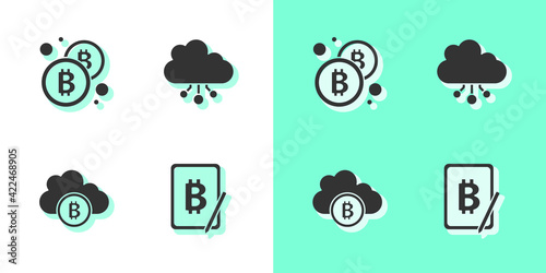 Set Mining bitcoin from tablet, Bitcoin, Cryptocurrency cloud mining and icon. Vector