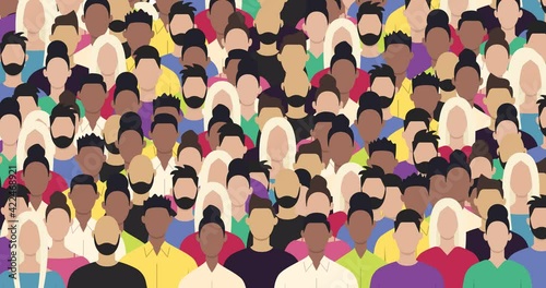 Animation of a large group of people on a white background. A crowd of men and women. The concept of a protest, parade or working group of people. 4K animation with alpha channel
