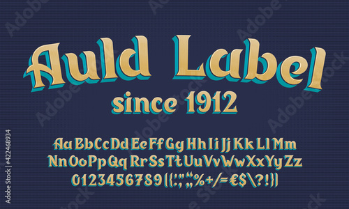Auld Label alphabet font. 3D effect vintage letters, numbers and symbols. Uppercase and lowercase. Vector typescript for your typography design.