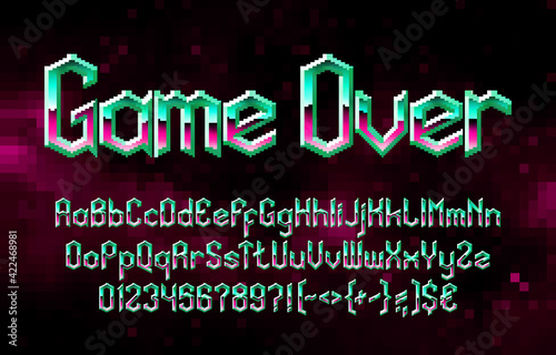 Game Over alphabet font. Pixel vivid gradient letters, numbers and punctuations. 80s arcade video game typeface.