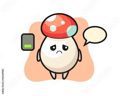 mushroom mascot character doing a tired gesture