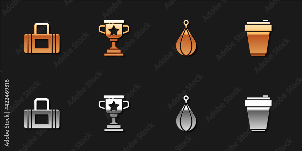 Set Sport bag, Award cup, Punching and Fitness shaker icon. Vector Set Sport bag, Award cup, Punching and Fitness shaker icon. Vector