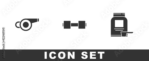 Set Whistle, Dumbbell and Sports nutrition icon. Vector