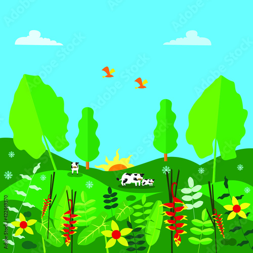 Tropical flowers  animals  trees  and leaves. Fertile forest concept.