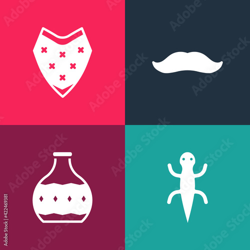 Set pop art Lizard, Tequila bottle, Mustache and Poncho icon. Vector