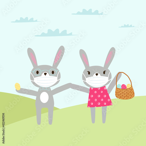 Easter card Healthy Easter. The Rabbit in the mask. Easter bunny in medical protective mask with easter egg to avoid coronavirus covid-19. Doddle flat vector illustration. Stay safe. Editable eps 10. 