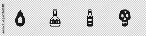 Set Avocado, Tequila bottle, Tabasco sauce and Skull icon. Vector