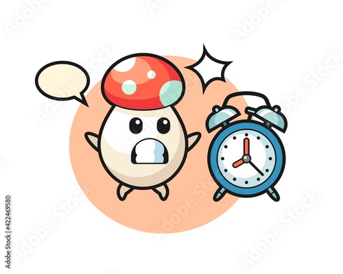 Cartoon Illustration of mushroom is surprised with a giant alarm clock