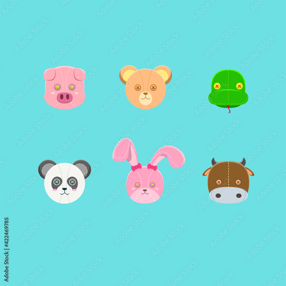 Obraz premium Animal head Dolls Set Cartoon Vector Illustration isolated on a blue background