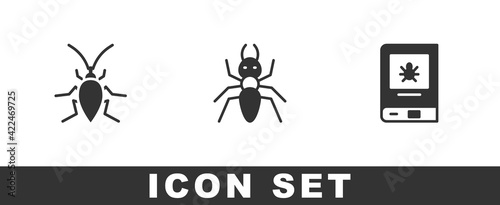 Set Cockroach, Ant and Book about insect icon. Vector