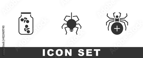 Set Fireflies bugs in a jar, Spider and icon. Vector