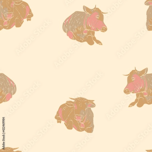 Seamless Pattern with bull, cows. Vector illustration. Cattle, farming, milk products. Bell on the neck. Alps animals, agriculture, farming, herd. Home pets. 